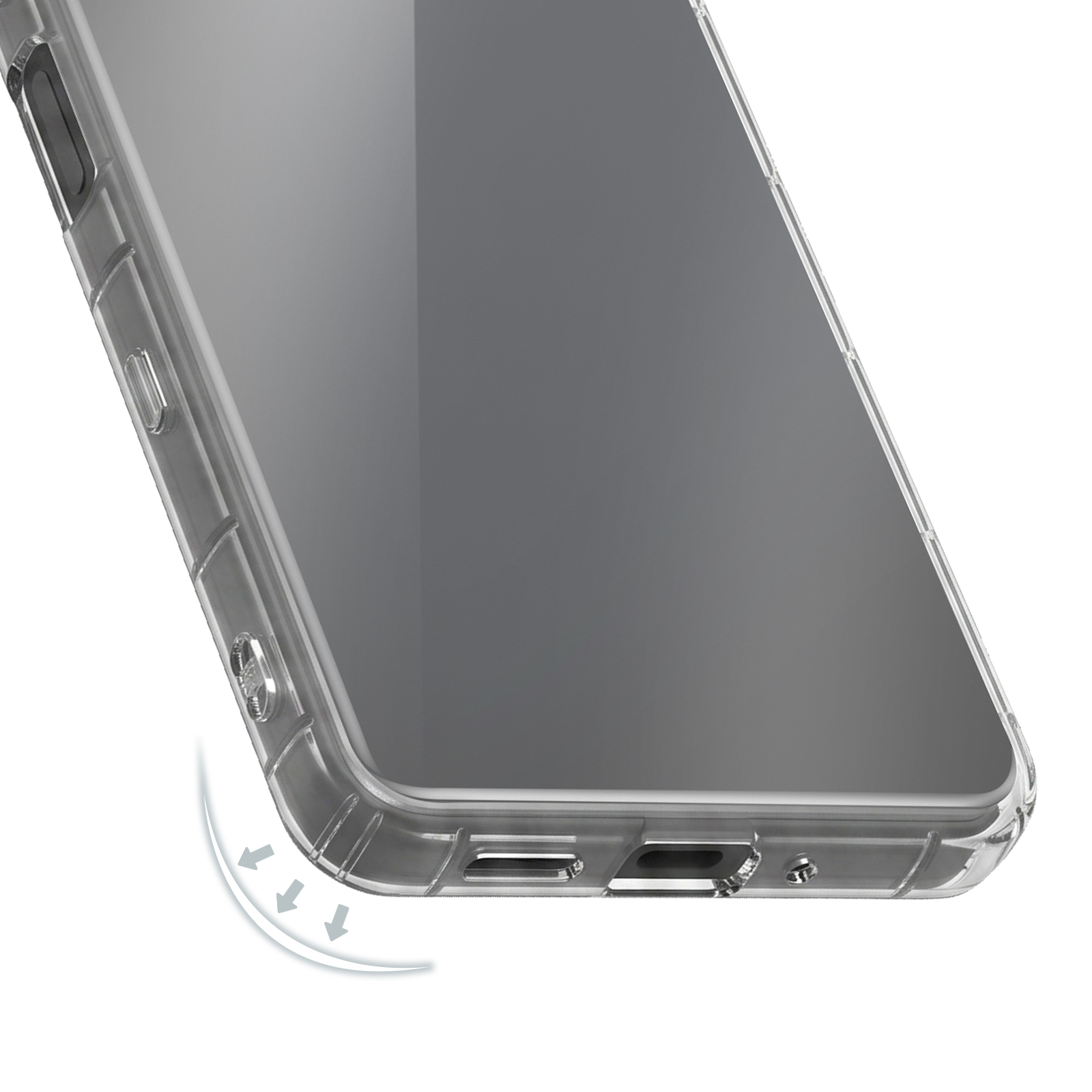 Ein Smartphone in einer transparenten Schutzhülle, Nahaufnahme der Unterseite mit Anschlüssen.