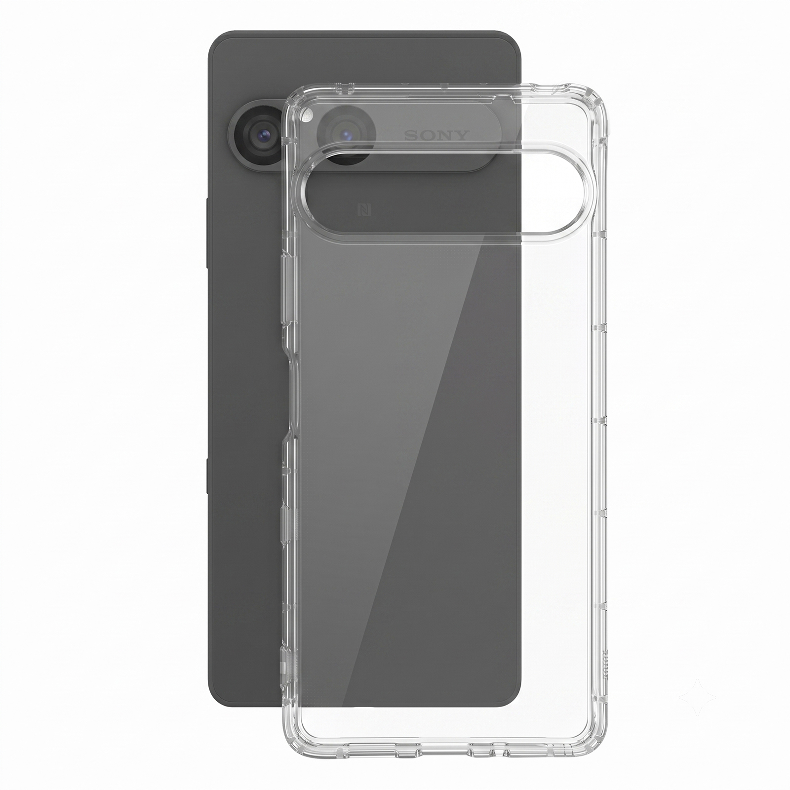Ein graues Sony-Smartphone mit Kamera und eine transparente Schutzhülle stehen auf weißem Hintergrund.