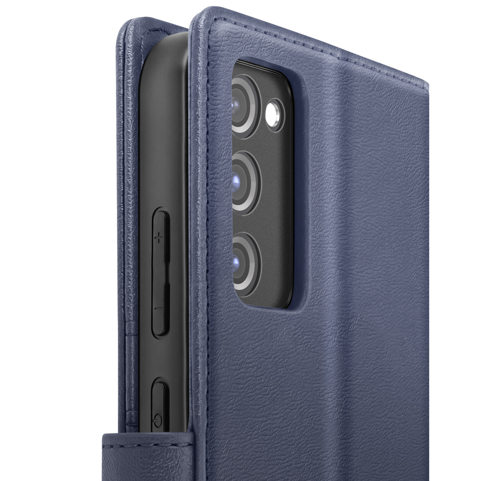 Blaue Leder-Handyhülle zeigt die Kameraseite und Lautstärketasten eines Smartphones.