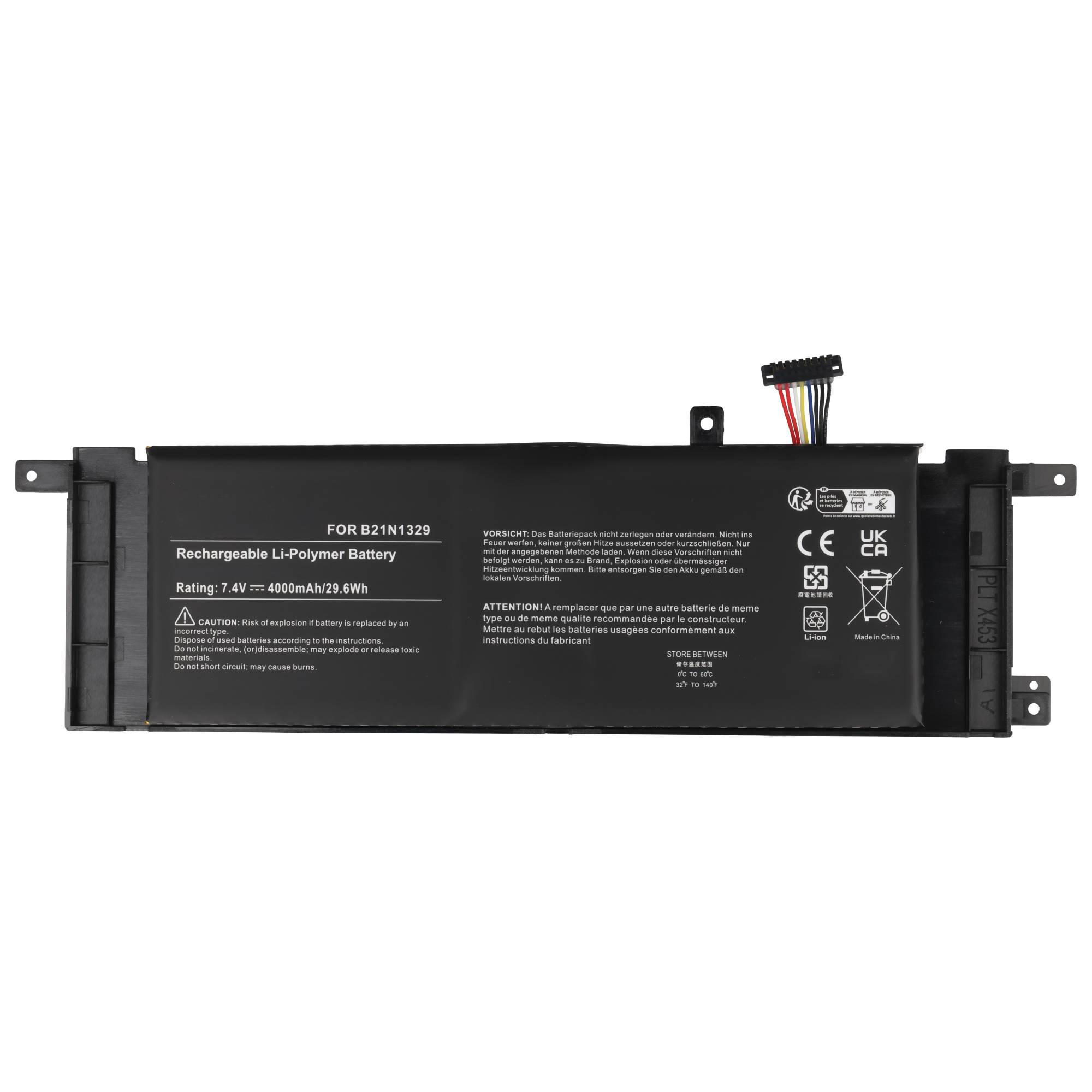 Schwarzer Lithium-Polymer-Laptop-Akku mit technischen Daten und Warnhinweisen.