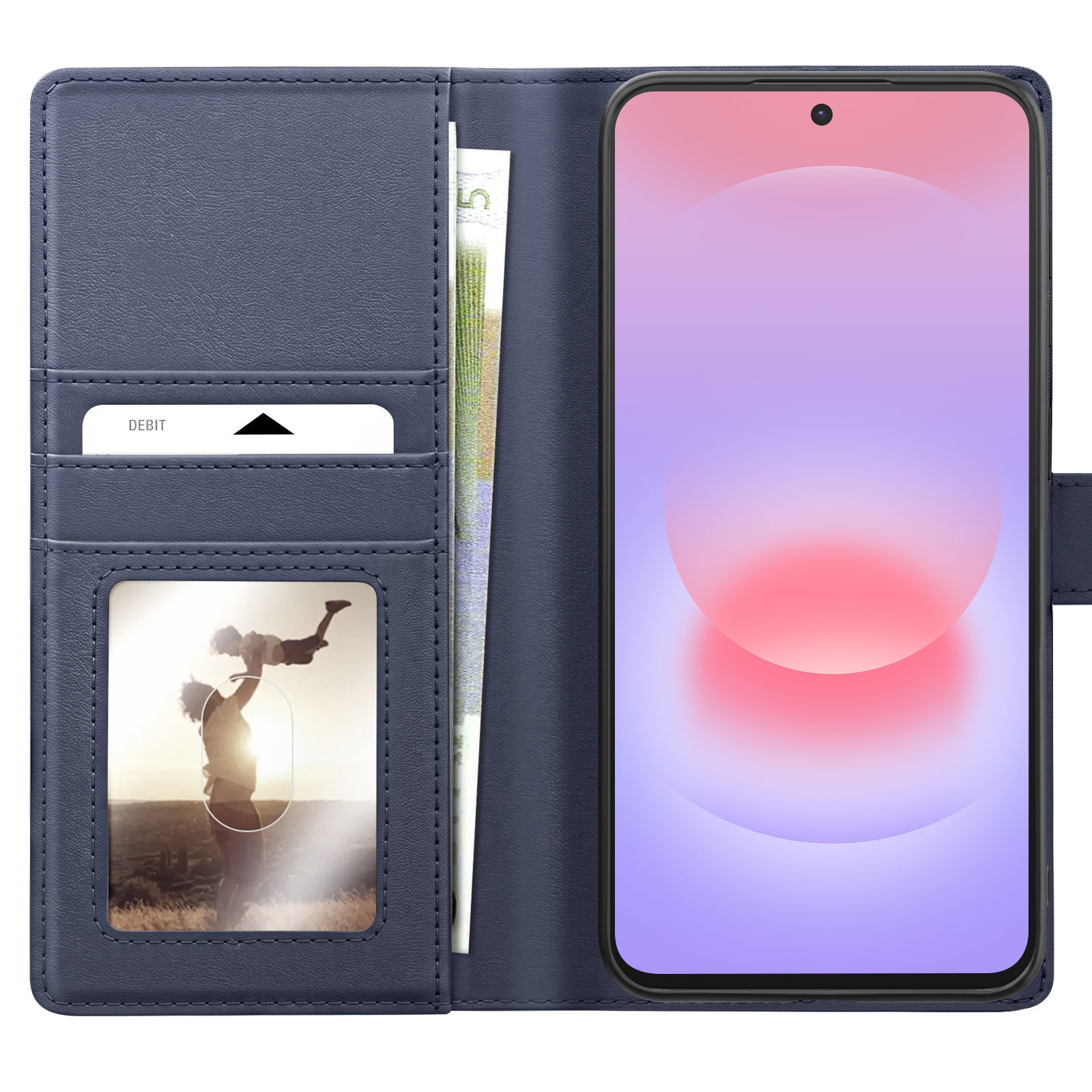 Ein blaue Leder-Handytasche mit Smartphone, Karte, Foto und Bargeld.