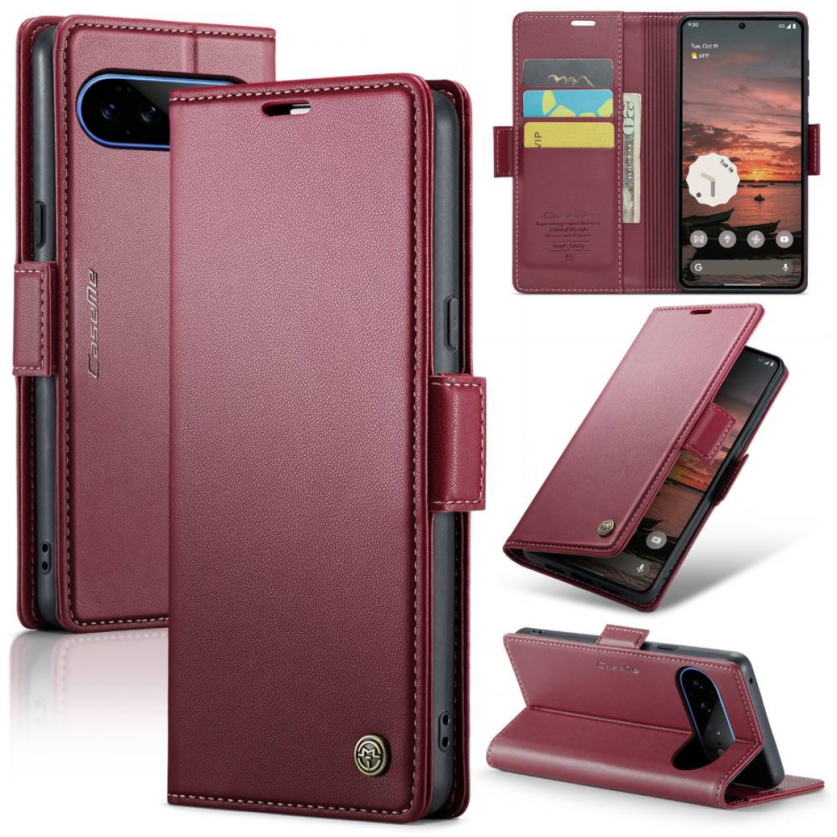 Mehrere Ansichten einer roten Leder-Klapphülle für ein Smartphone mit Kartenfächern und Ständerfunktion.