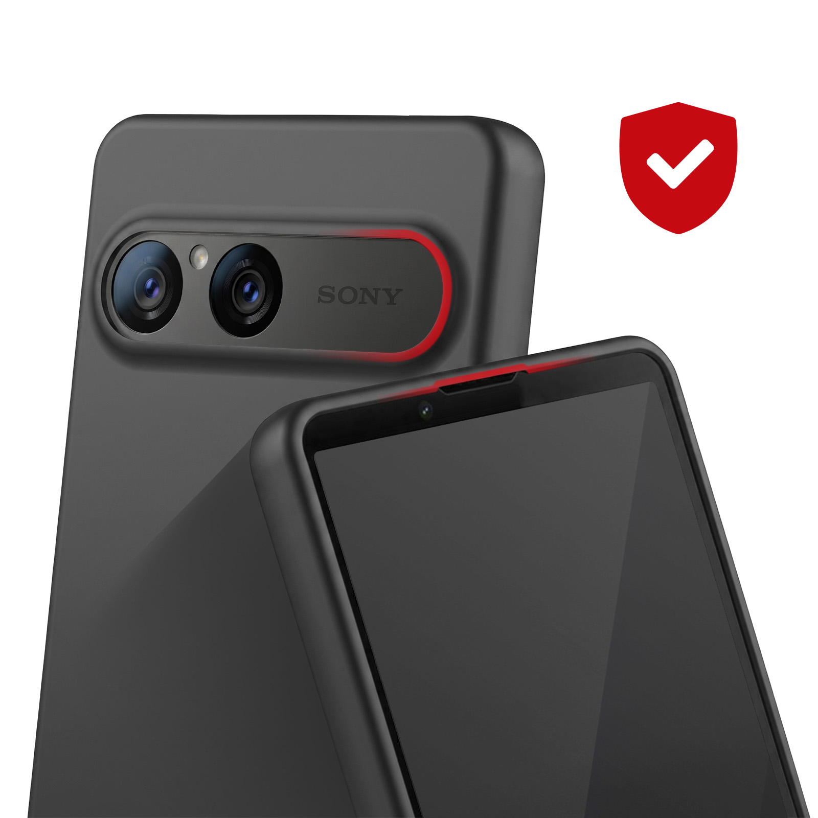 Ein schwarzes Sony-Smartphone mit zwei Kameras, schwarzer Hülle und einem roten Schildsymbol mit weißem Häkchen.