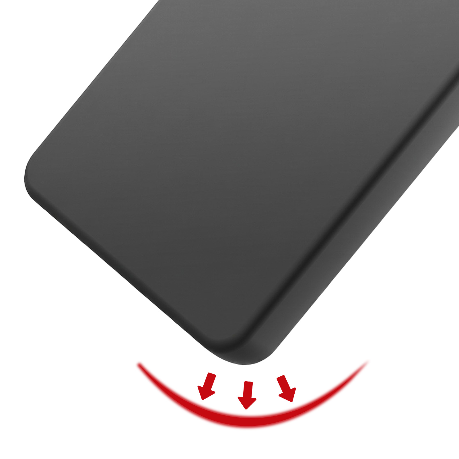 Eine matte schwarze Oberfläche mit drei roten Pfeilen, die auf eine Biegung hinweisen.