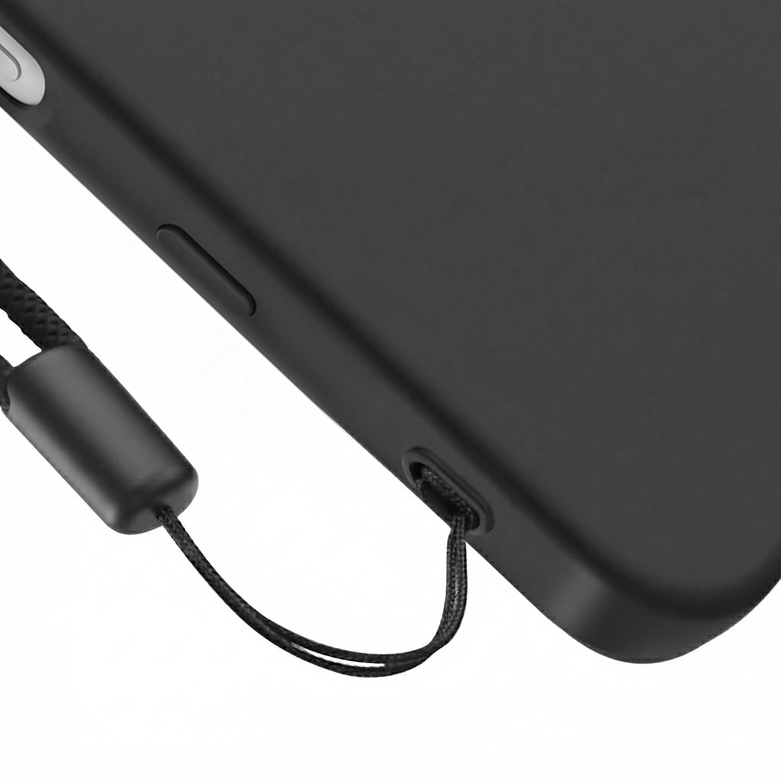 Nahaufnahme einer schwarzen Smartphone-Hülle mit einer schwarzen Schlaufe am Eckpunkt vor weißem Hintergrund.