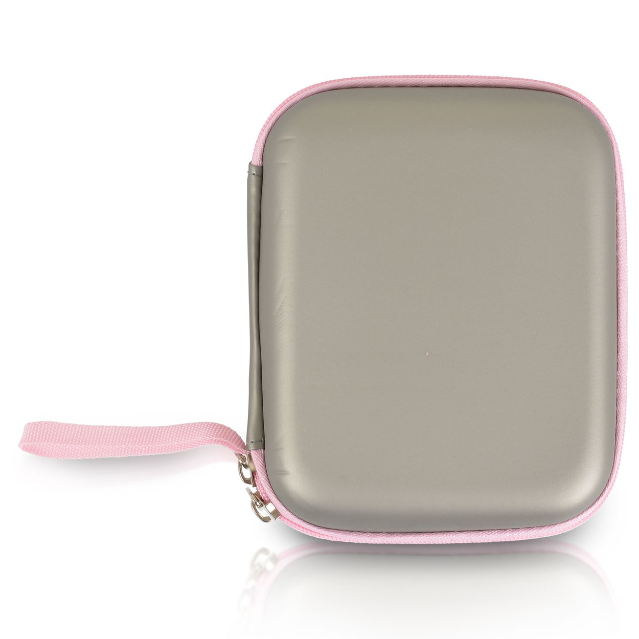 Ein graues Hardcase-Etui mit rosa Reißverschluss und einer kleinen rosa Handschlaufe vor weißem Hintergrund.