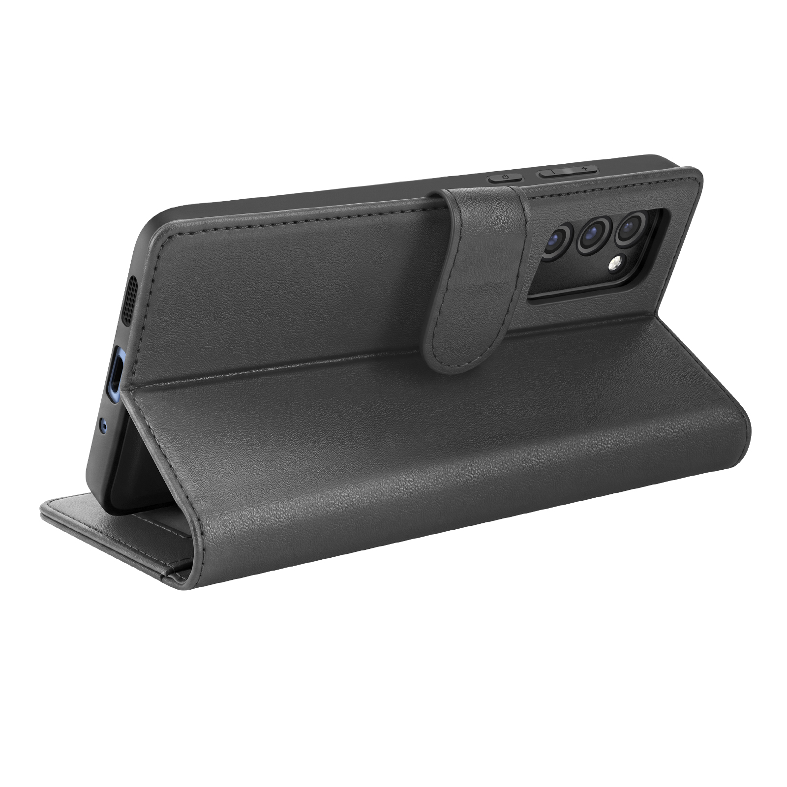 Ein schwarzes Leder-Klappetui für ein Smartphone steht leicht angewinkelt auf einer weißen Oberfläche.