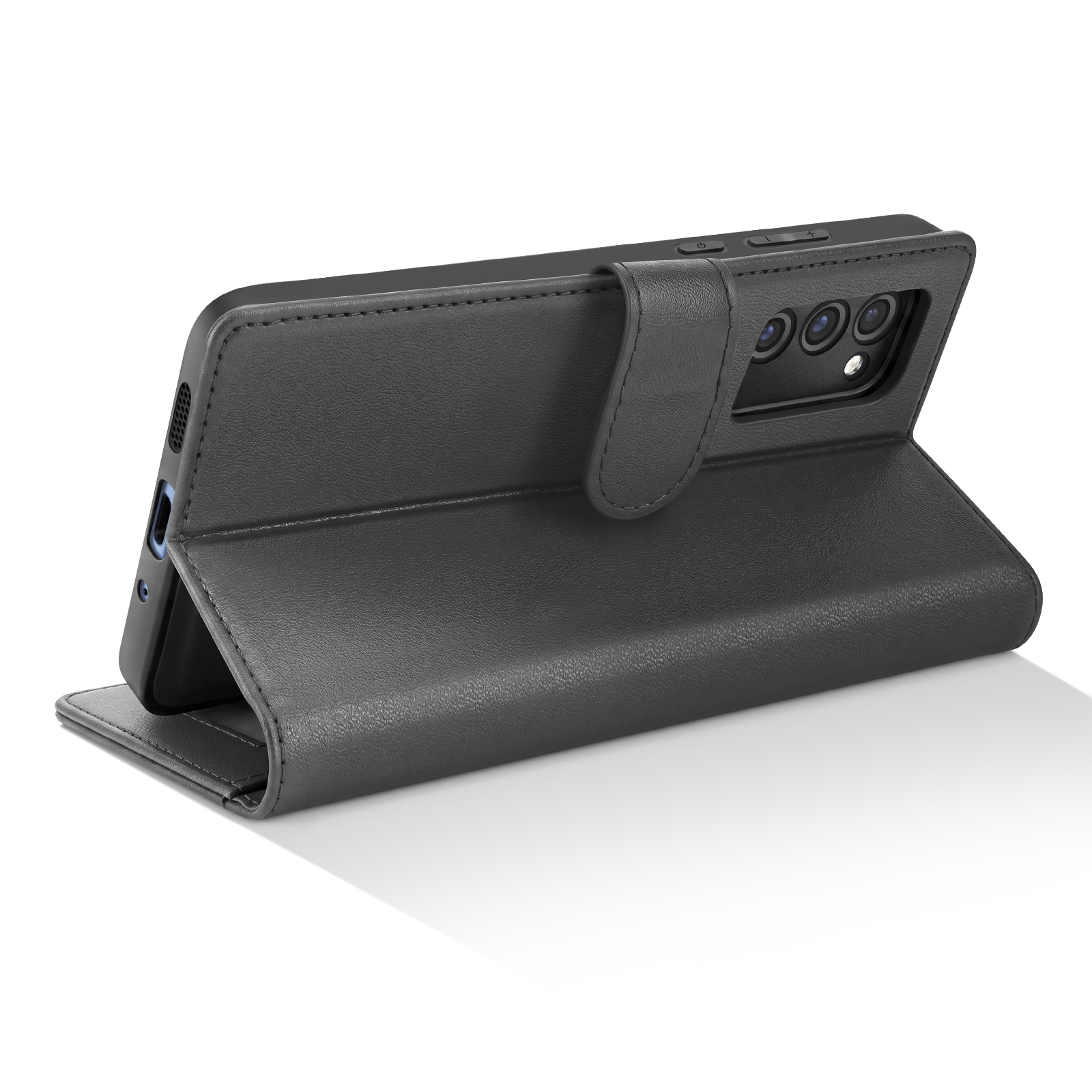 Ein schwarzes Leder-Klappetui für ein Smartphone, aufgestellt gegen einen weißen Hintergrund.
