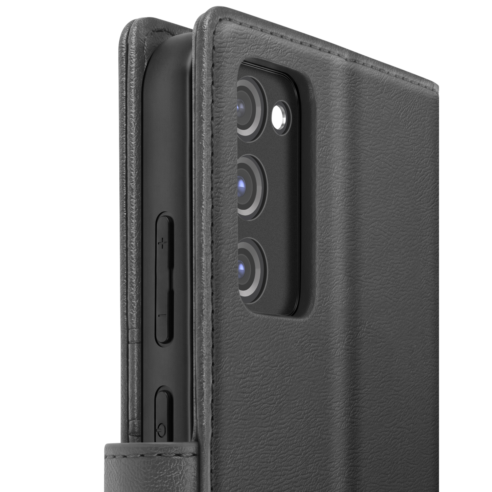 Ein schwarzes Leder-Smartphone-Etui zeigt die Kameraaussparung und Seitentasten.