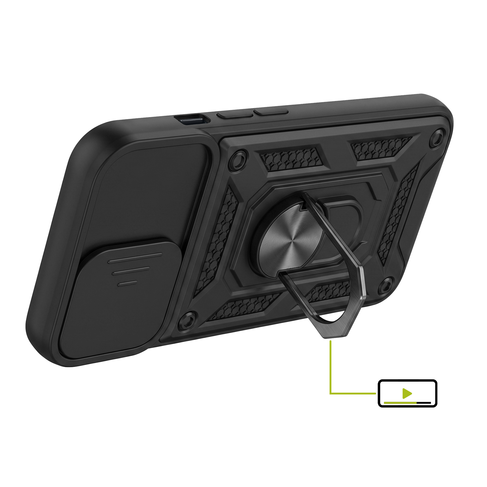 Eine schwarze, robuste Smartphone-Hülle mit verschiebbarer Kameraabdeckung und integriertem Metallring-Ständer.