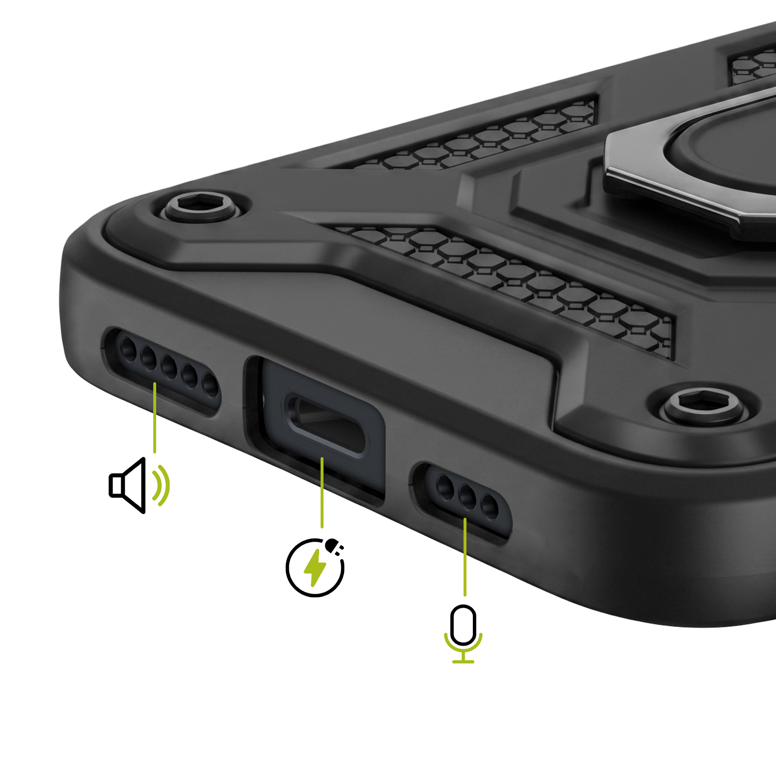 Nahaufnahme eines schwarzen Smartphone-Schutzgehäuses mit Anschlüssen und Symbolen.
