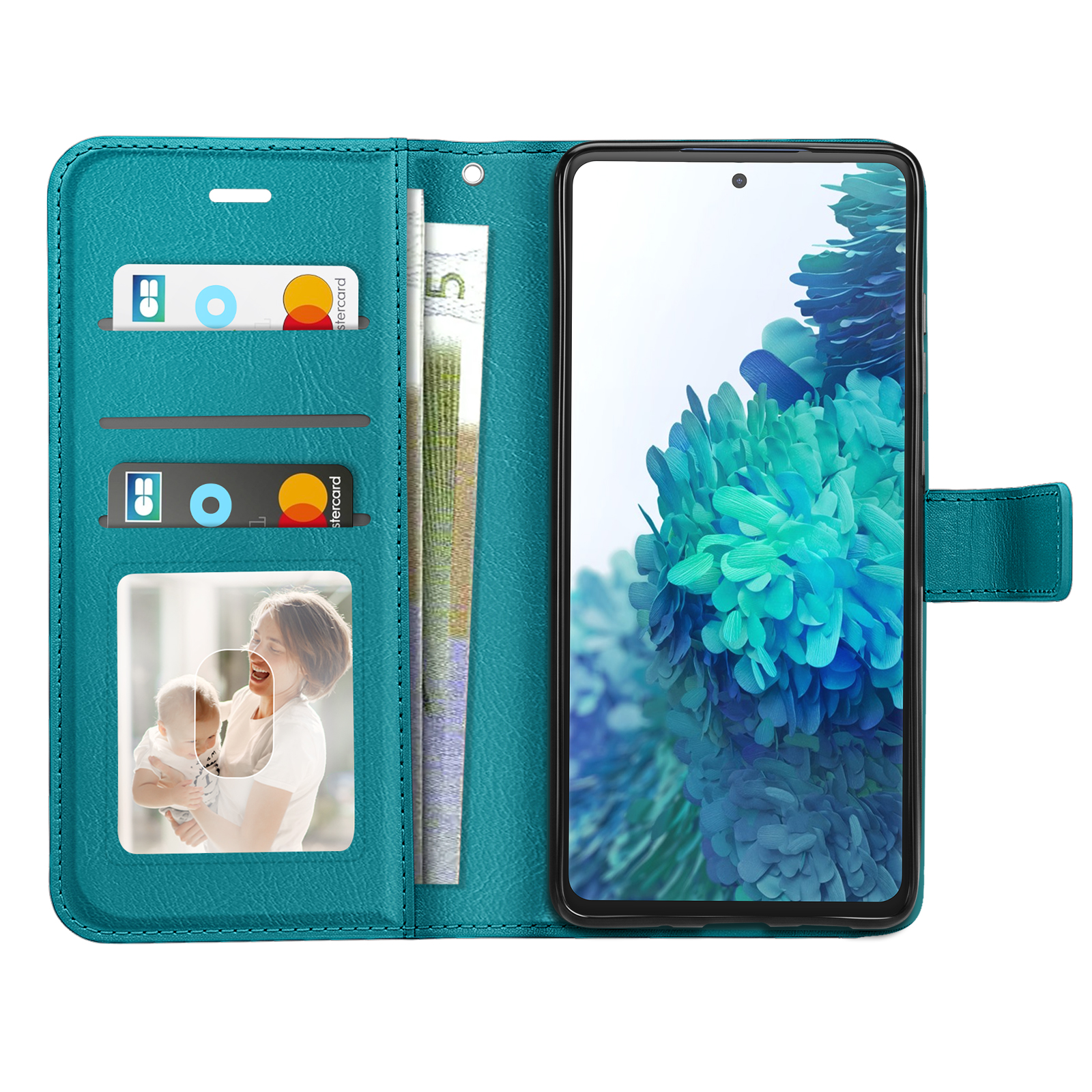 Türkisfarbene Handytasche mit Kartenfächern, Geldscheinen, Foto von Mutter mit Kind und Smartphone mit blauem Blumenbild.