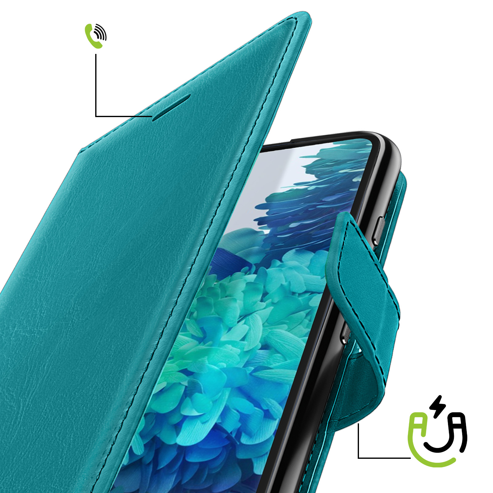 Türkisfarbene Handyhülle im Flip-Design für ein Smartphone mit blauem Blumenmuster-Display und Magnetverschluss.