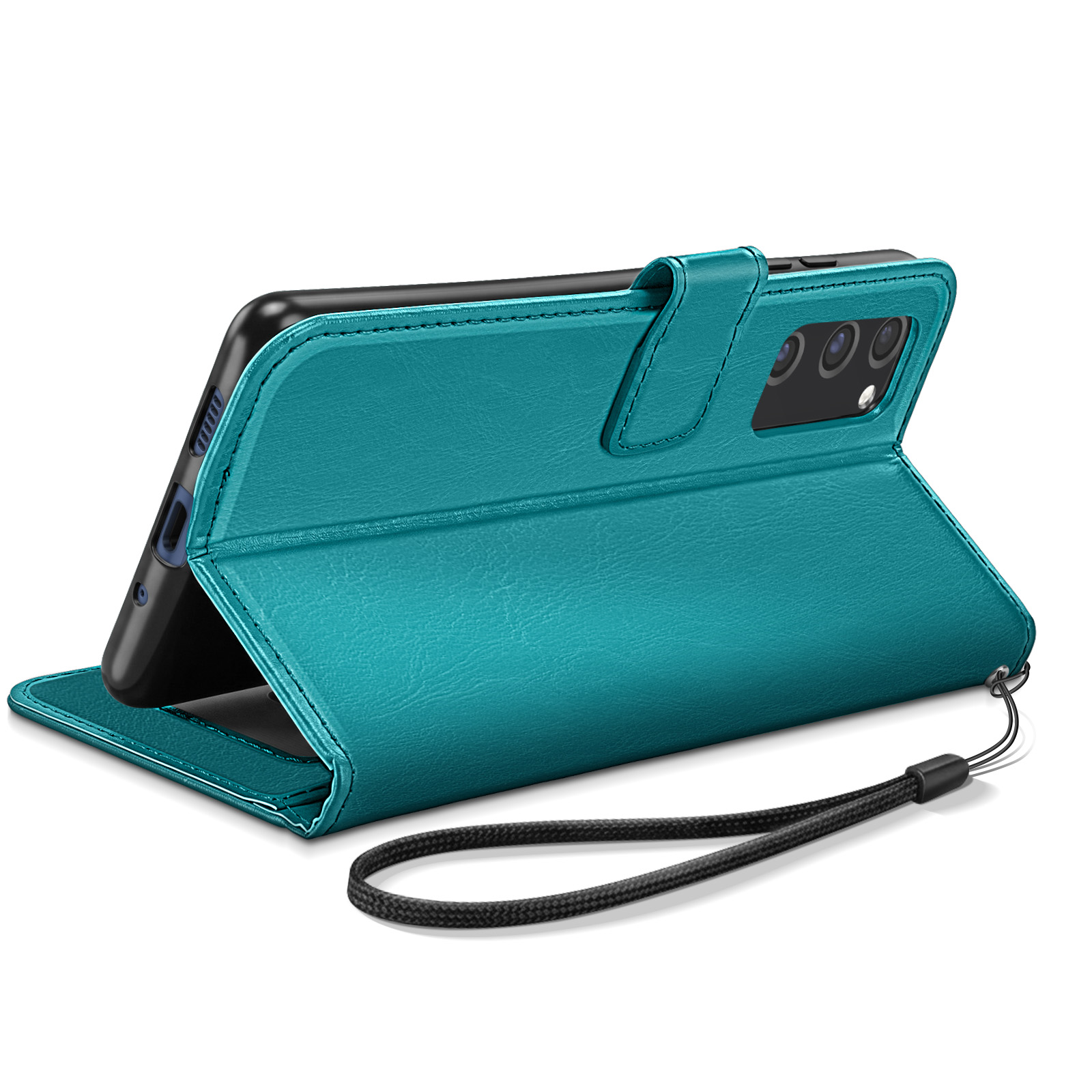 Ein Smartphone in einer hellblauen Ledertasche mit Ständerfunktion und schwarzer Handschlaufe.