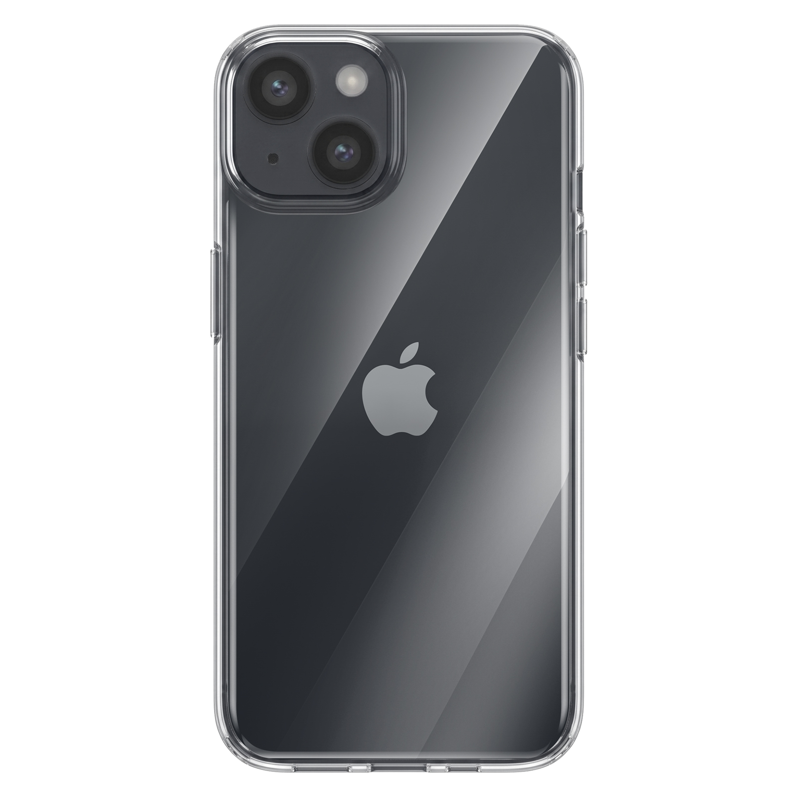 Rückseite eines dunkelgrauen Smartphones mit transparentem Schutzcase und doppelter Kamera.