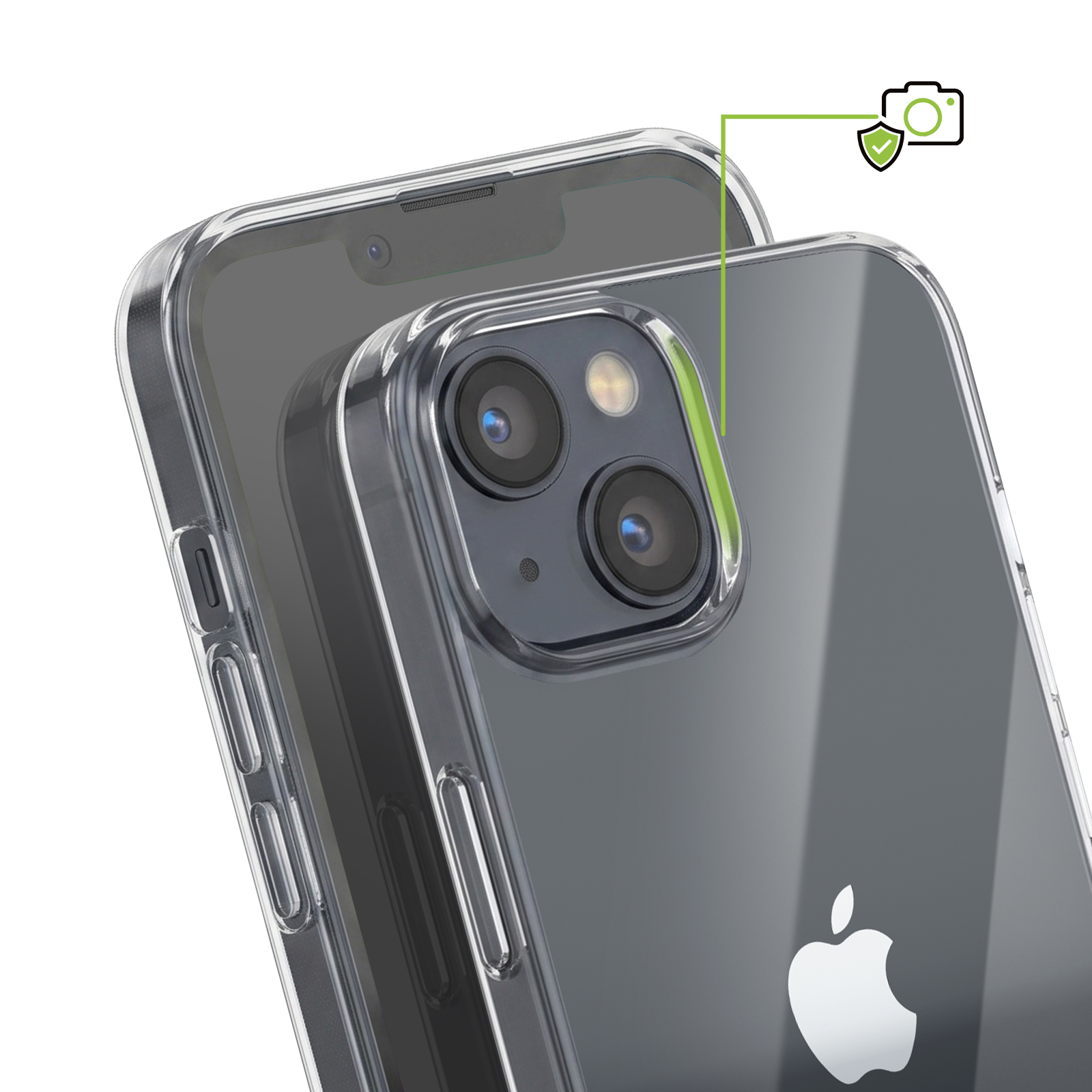 Ein klares Smartphone-Case schützt die doppelte Kamera eines iPhones auf weißem Hintergrund.
