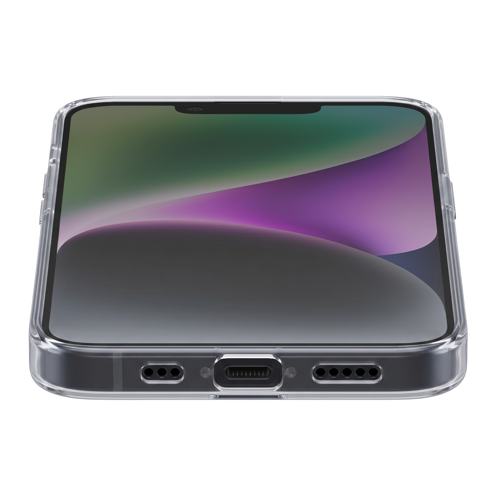 Unterseite eines Smartphones mit USB-C-Anschluss, Lautsprechern und transparenter Schutzhülle.
