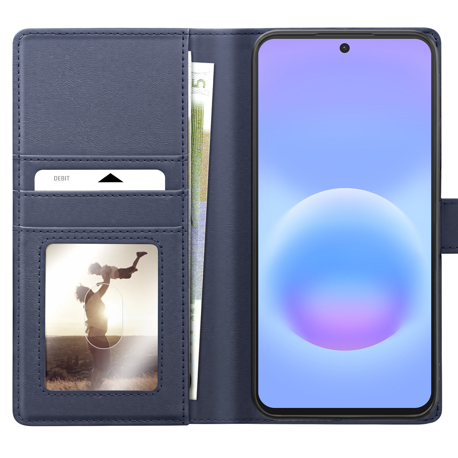 Blaues Handy-Klappetui mit Geldfach, Debitkarte und Fotorahmen.