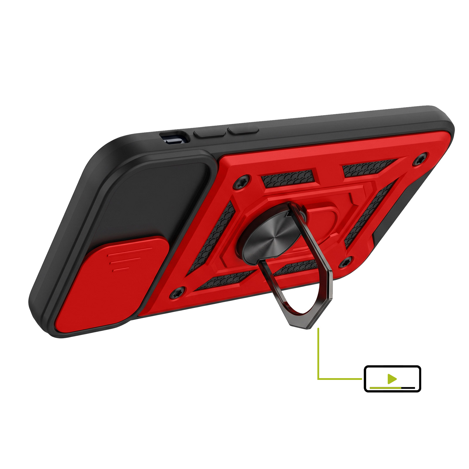 Rückseite einer roten und schwarzen Smartphone-Hülle mit integriertem Metallring-Ständer und Kamera-Schieber.