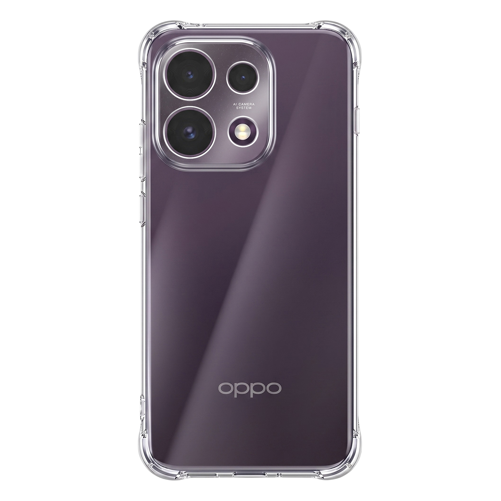 Rückseite eines violetten Oppo-Smartphones in einer transparenten Schutzhülle mit drei Kameras.