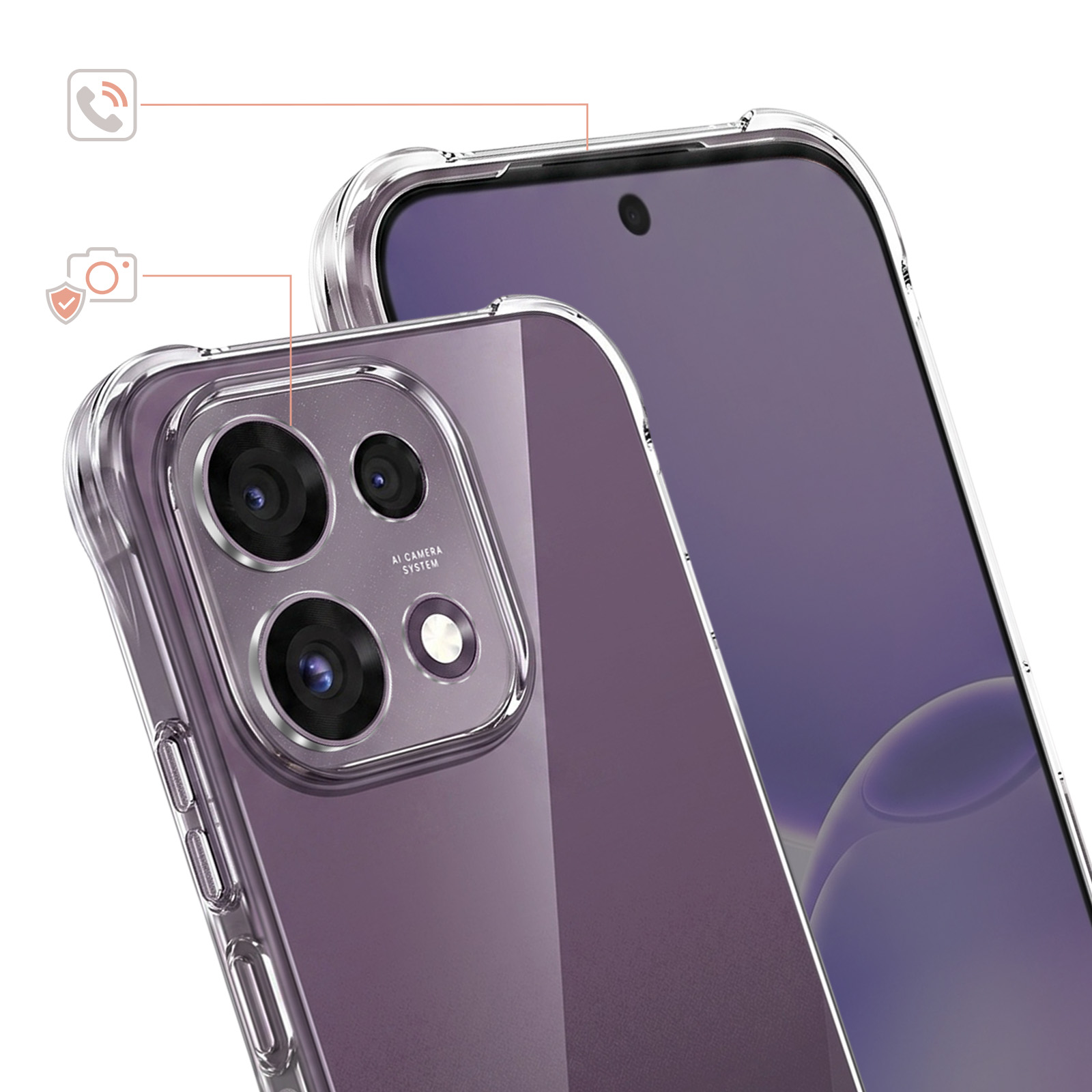 Ein lila Smartphone mit klarer Schutzhülle zeigt Details der Kameras und des Bildschirms.
