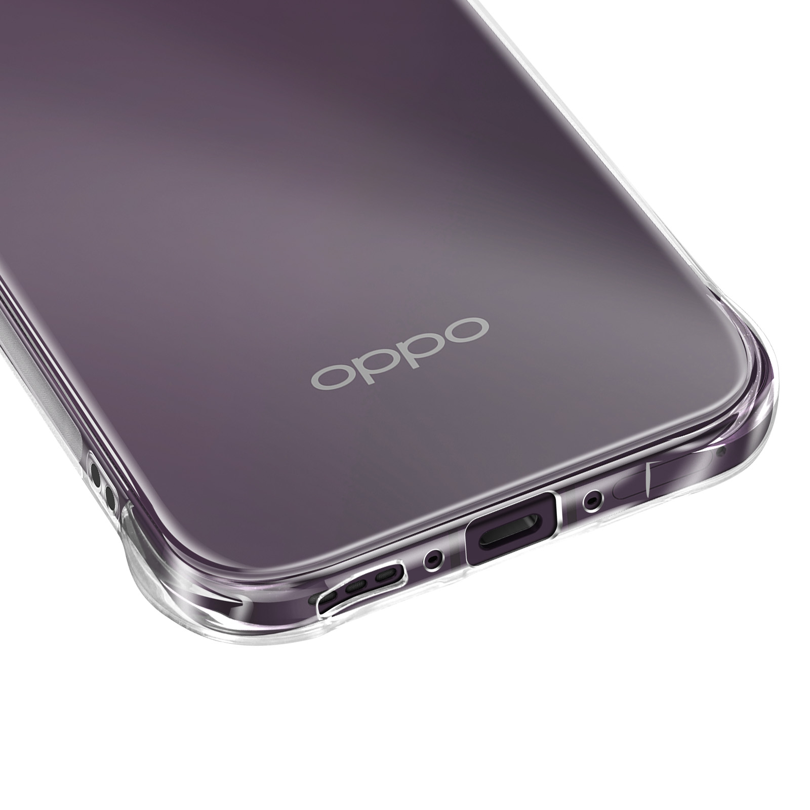 Nahaufnahme eines violetten Oppo-Smartphones in einer transparenten Hülle auf weißem Hintergrund.