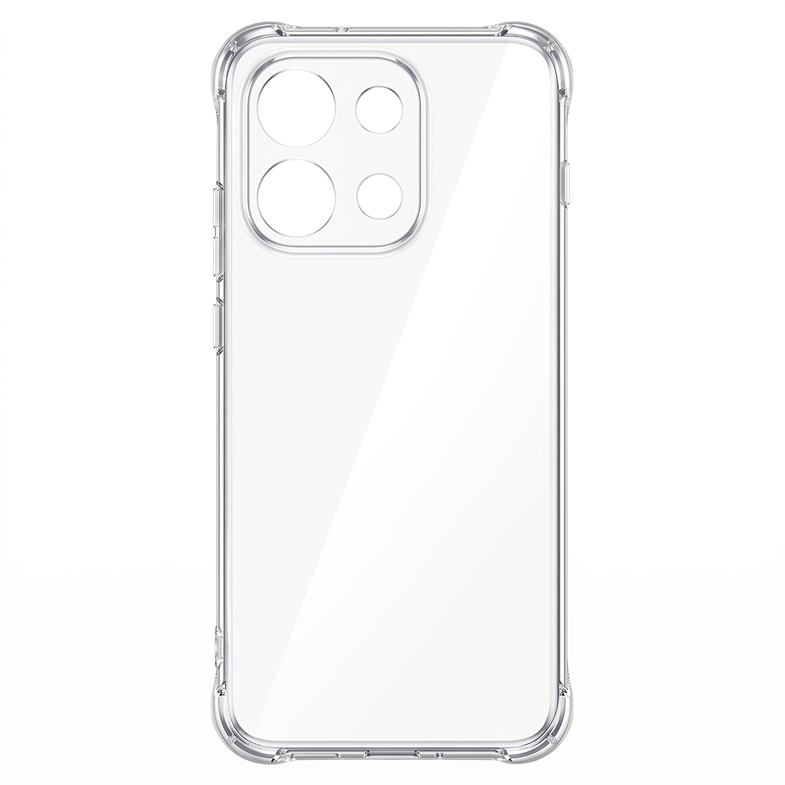 Eine klare, transparente Smartphone-Schutzhülle mit verstärkten Ecken und quadratischem Kameraausschnitt.