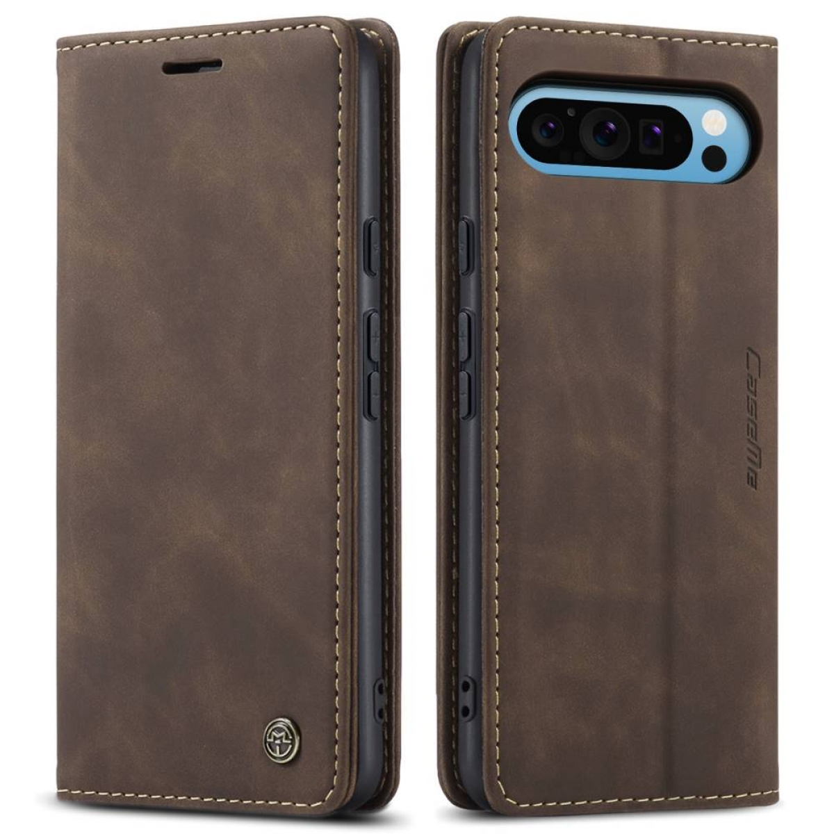 Braune Lederklapphülle für Smartphone, Vorder- und Rückseite mit heller Naht und Logo.