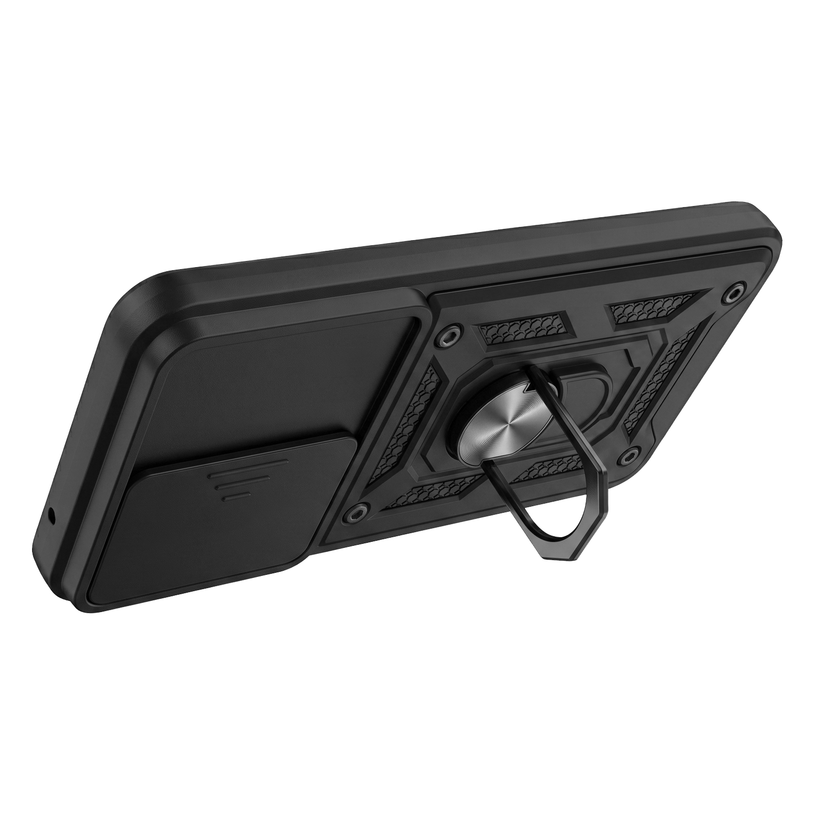 Schwarze Handyhülle mit Kameraabdeckung und Ständer auf weißem Hintergrund.