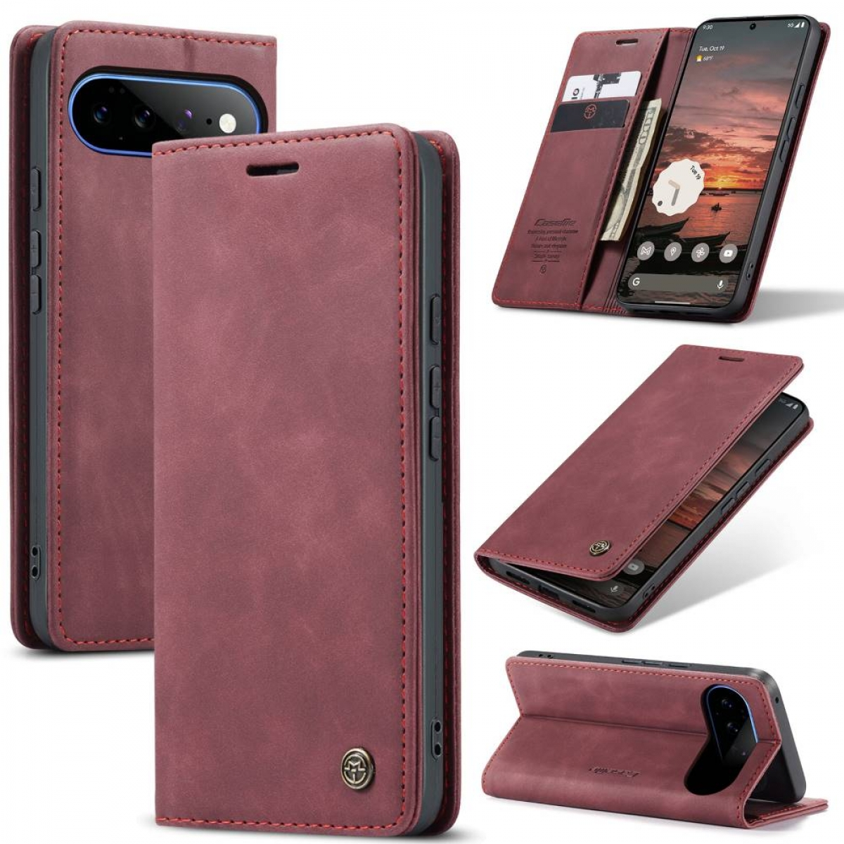 Dunkelrote Leder-Klapphülle für Smartphones mit Kartenfächern, auf mehreren Produktbildern gezeigt.