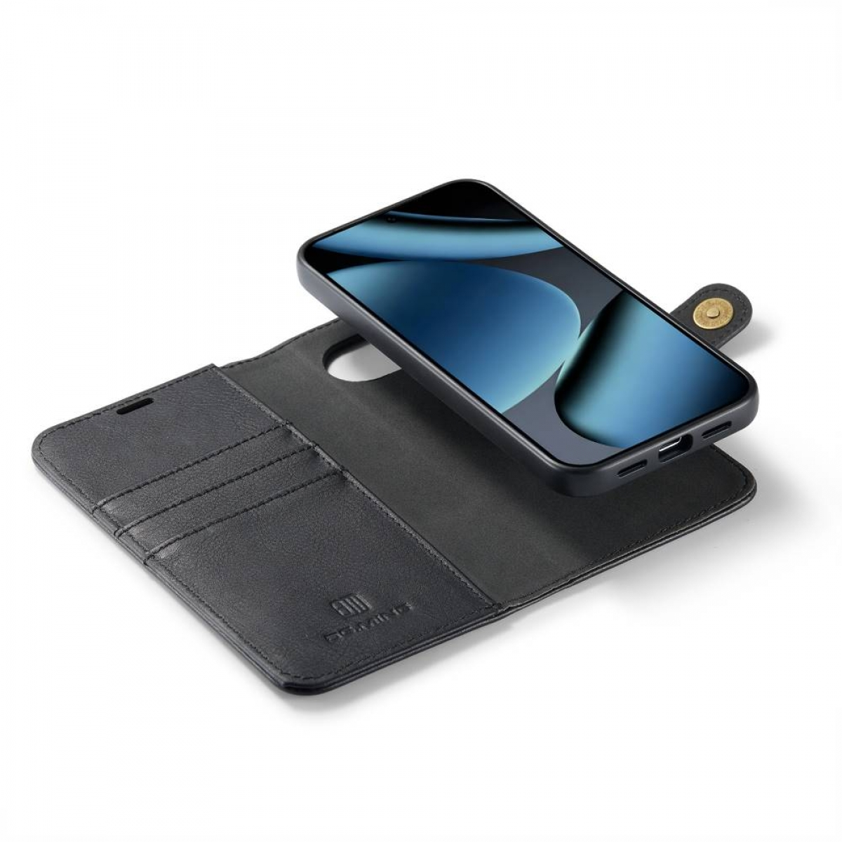 Ein schwarzes Leder-Flipcase mit integrierten Kartenfächern und einem Smartphone mit blauem Hintergrund auf weißem Grund.