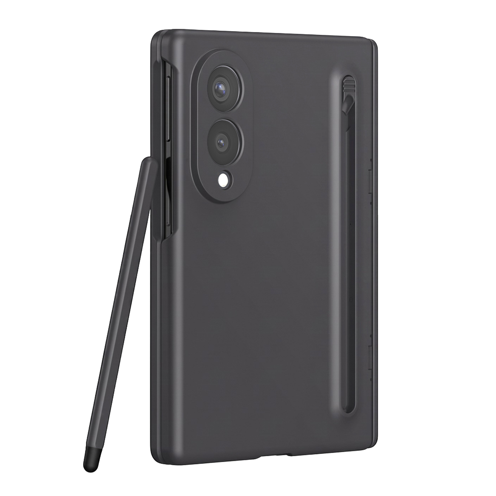Dunkles Smartphone in einer Schutzhülle mit vertikalen Kameras und Stift.