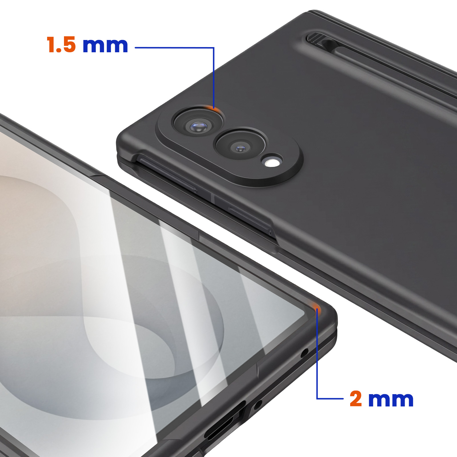 Eine schwarze Handytasche zeigt 1,5mm Kameraeinfassung und 2mm Eckenschutz in Diagrammen.