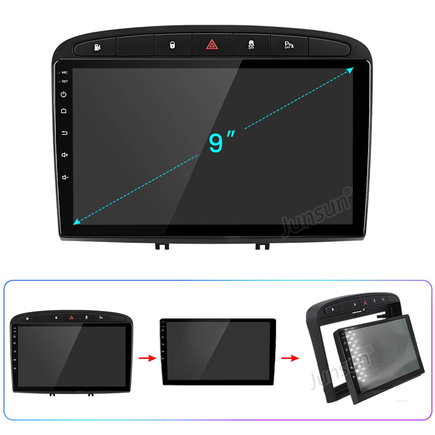 9-Zoll-Autoradio-Touchscreen mit physischen Tasten und Installationsschritten.