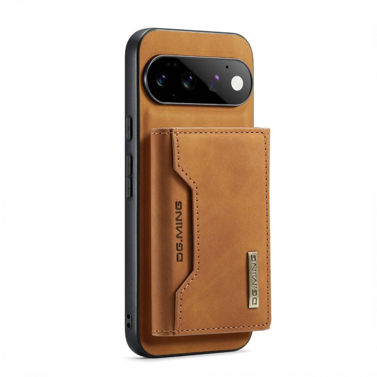 Ein Smartphone in brauner Lederhülle mit passender abnehmbarer Kartenbrieftasche auf der Rückseite.