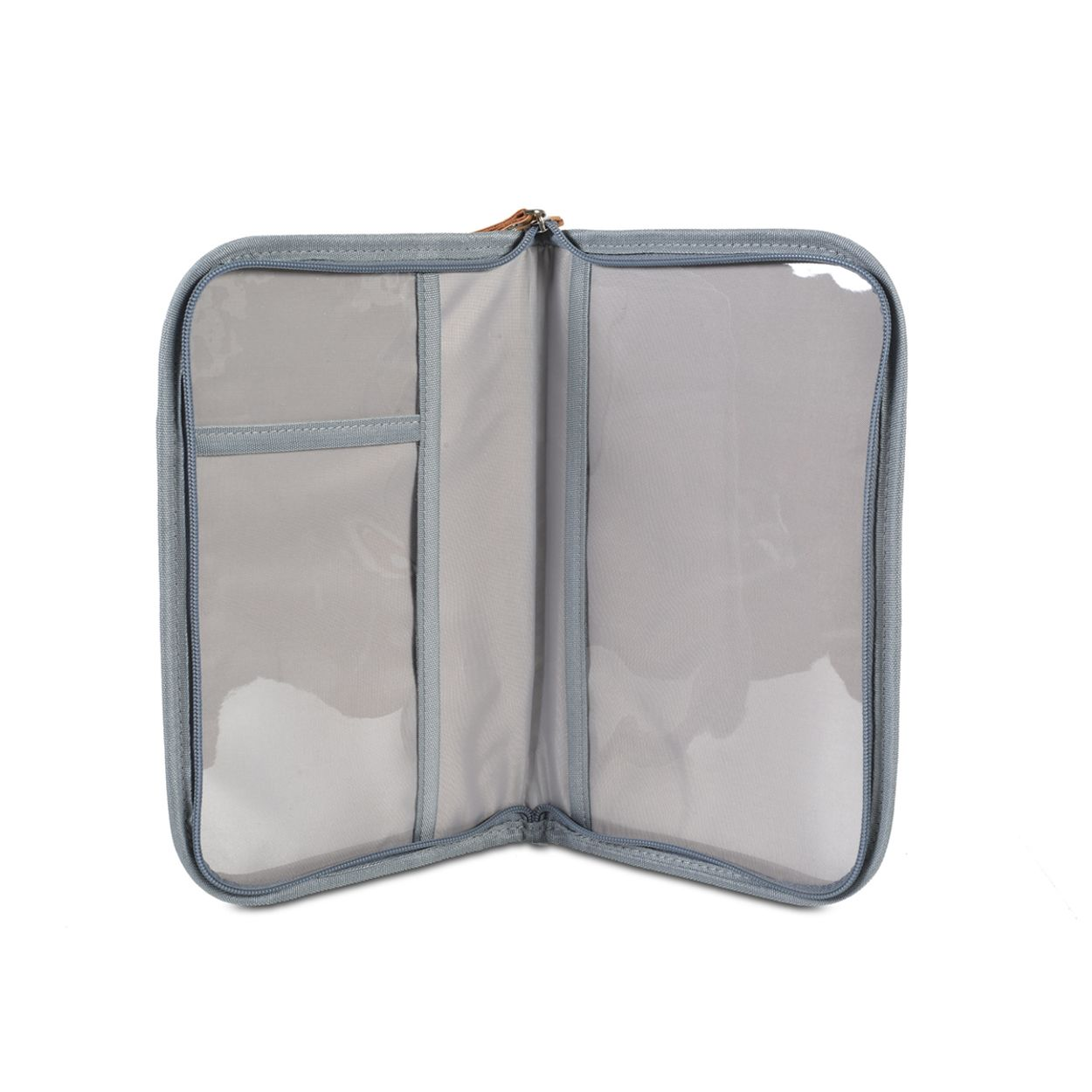Ein offener grauer Organizer-Ordner mit klaren Plastiktaschen und Reißverschlussfächern auf weißem Hintergrund.