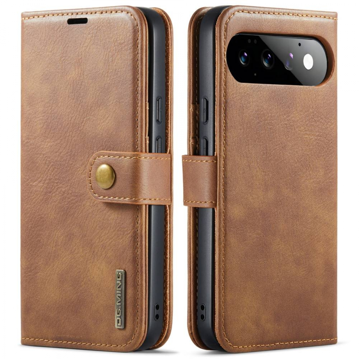 Braune Leder-Klapphülle für ein Smartphone mit Kameraaussparung und Magnetverschluss.