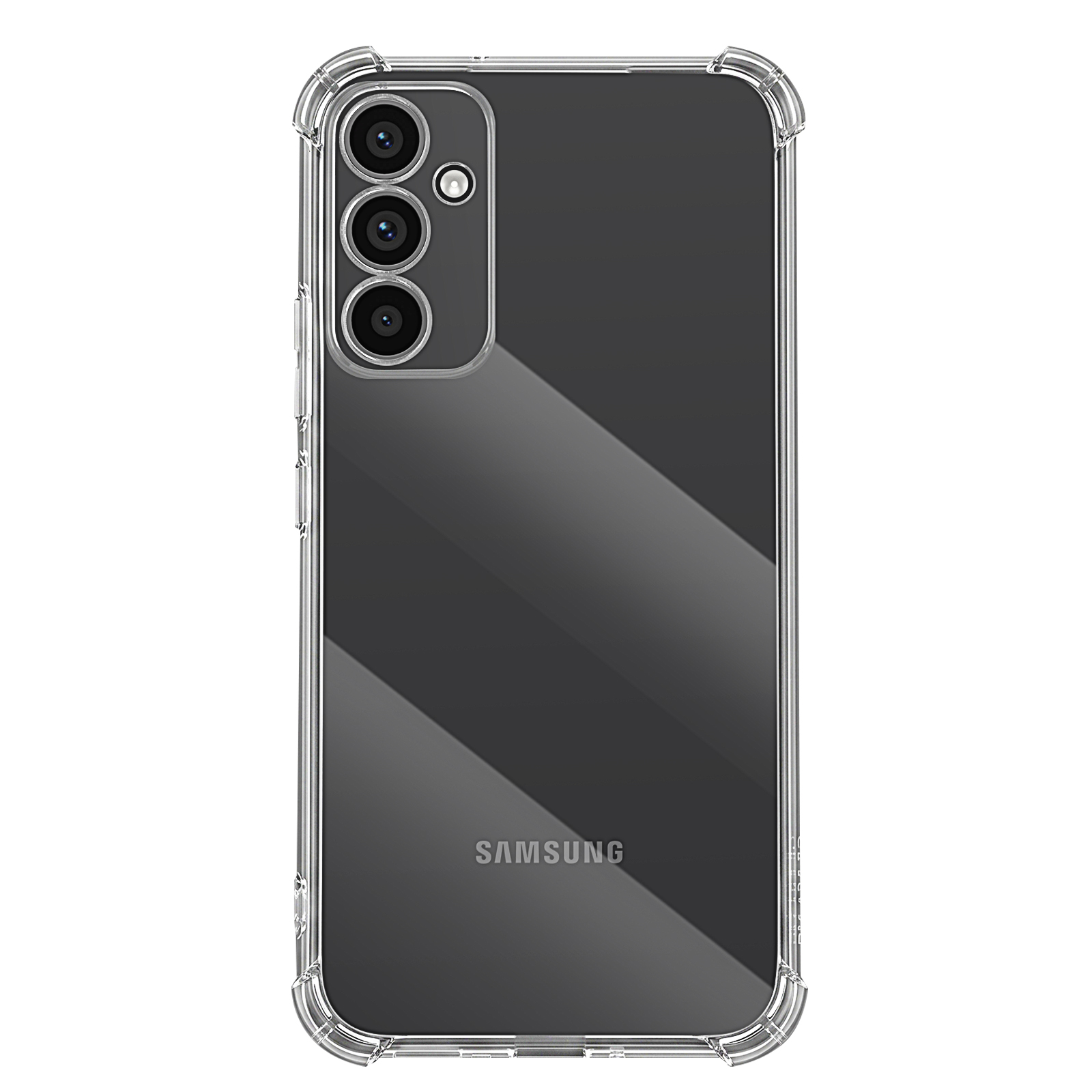Rückseite eines Samsung-Smartphones mit transparenter Schutzhülle und Dreifachkamera.