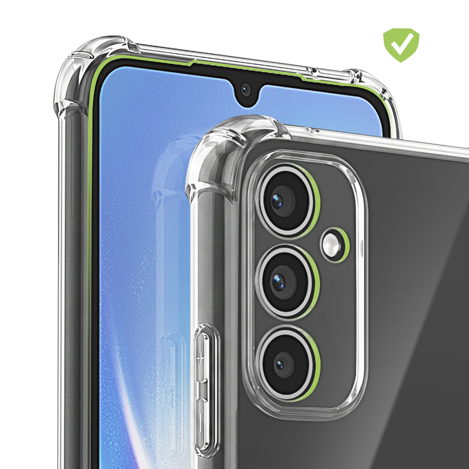 Ein Smartphone in einer klaren Schutzhülle zeigt drei Rückkameras und einen blauen Bildschirm.