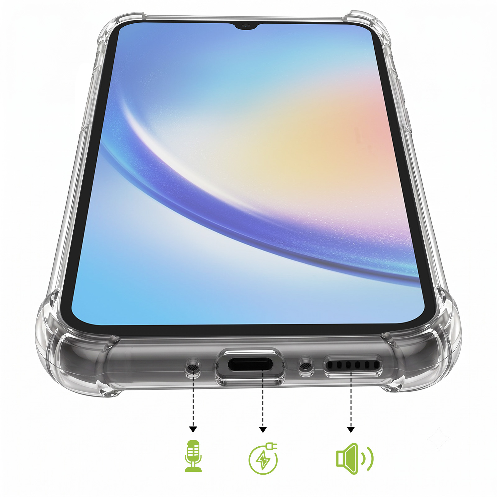 Smartphone in klarer Hülle mit Icons für Mikrofon, Ladeanschluss und Lautsprecher unten.