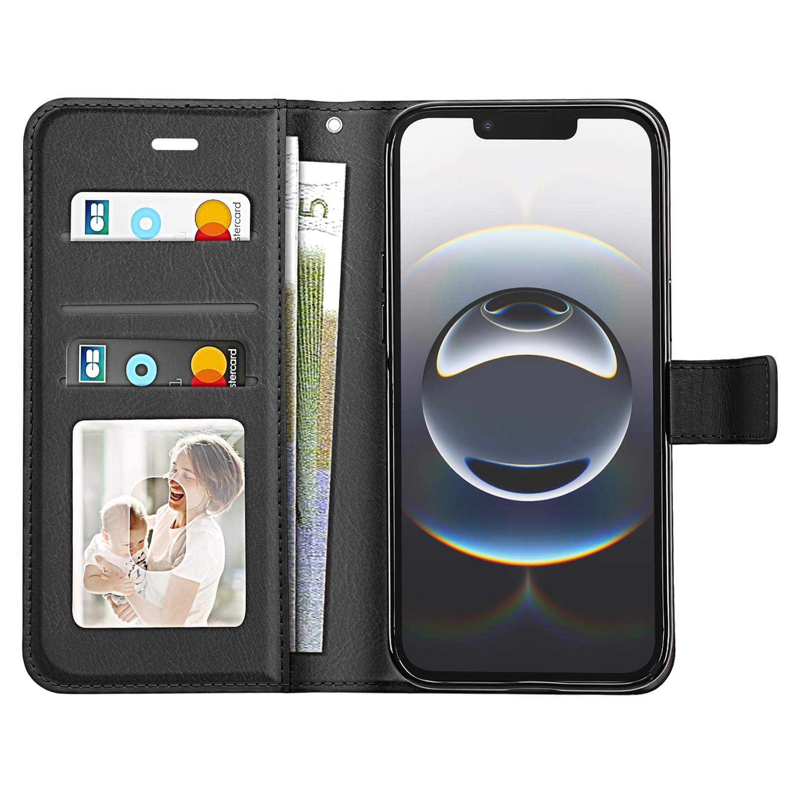 Schwarze Leder-Handyhülle mit Kartenfächern, Bargeld und einem Smartphone mit abstrakter Grafik auf dem Bildschirm.