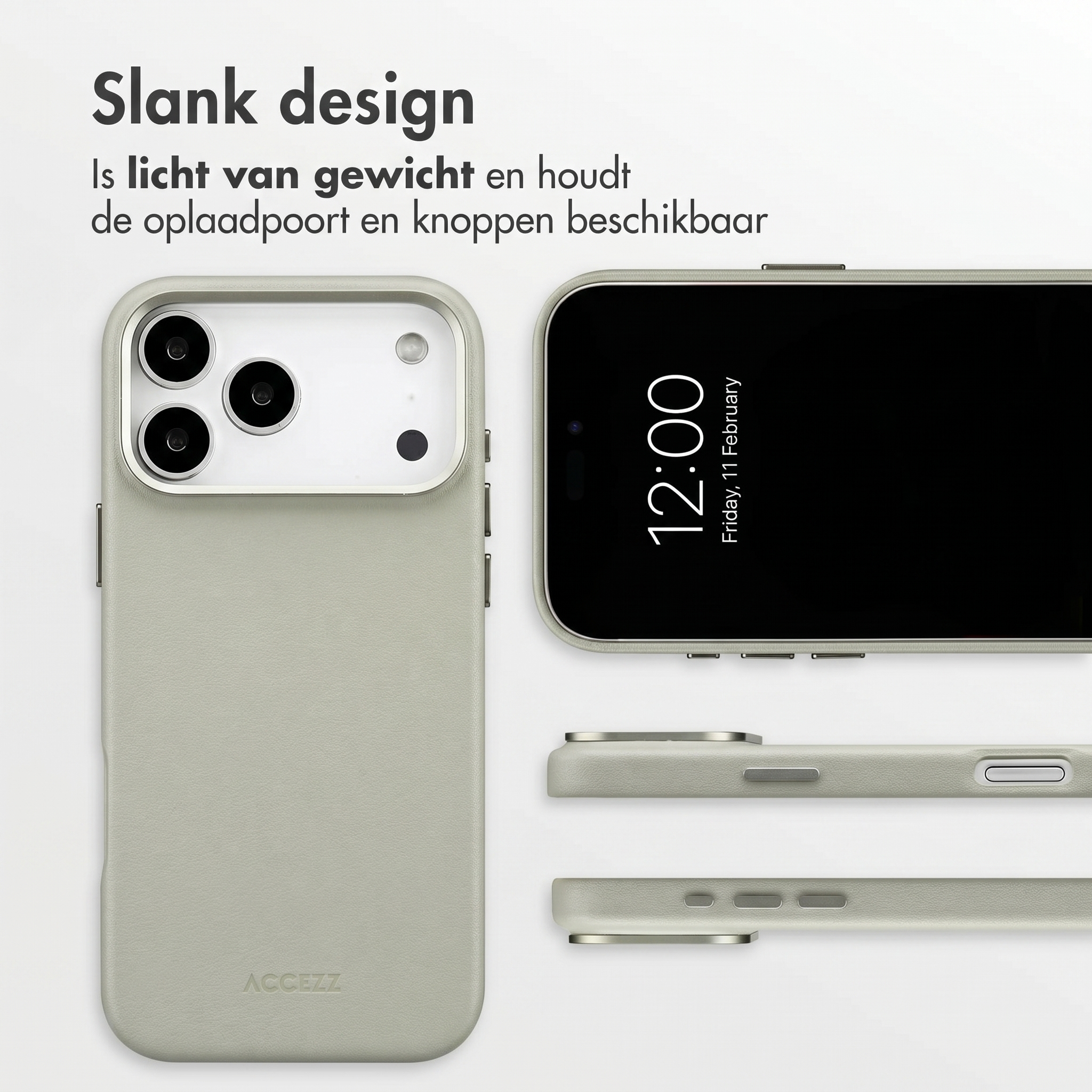 Schlanke graue Handyhülle aus mehreren Blickwinkeln mit Text oben.