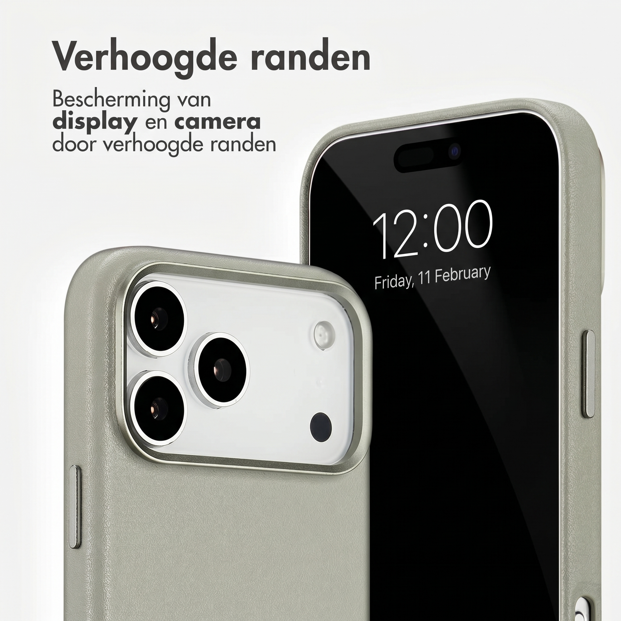 Erhöhte Ränder am Smartphone-Case schützen Display und Kamera. Text: Verhoogde randen.