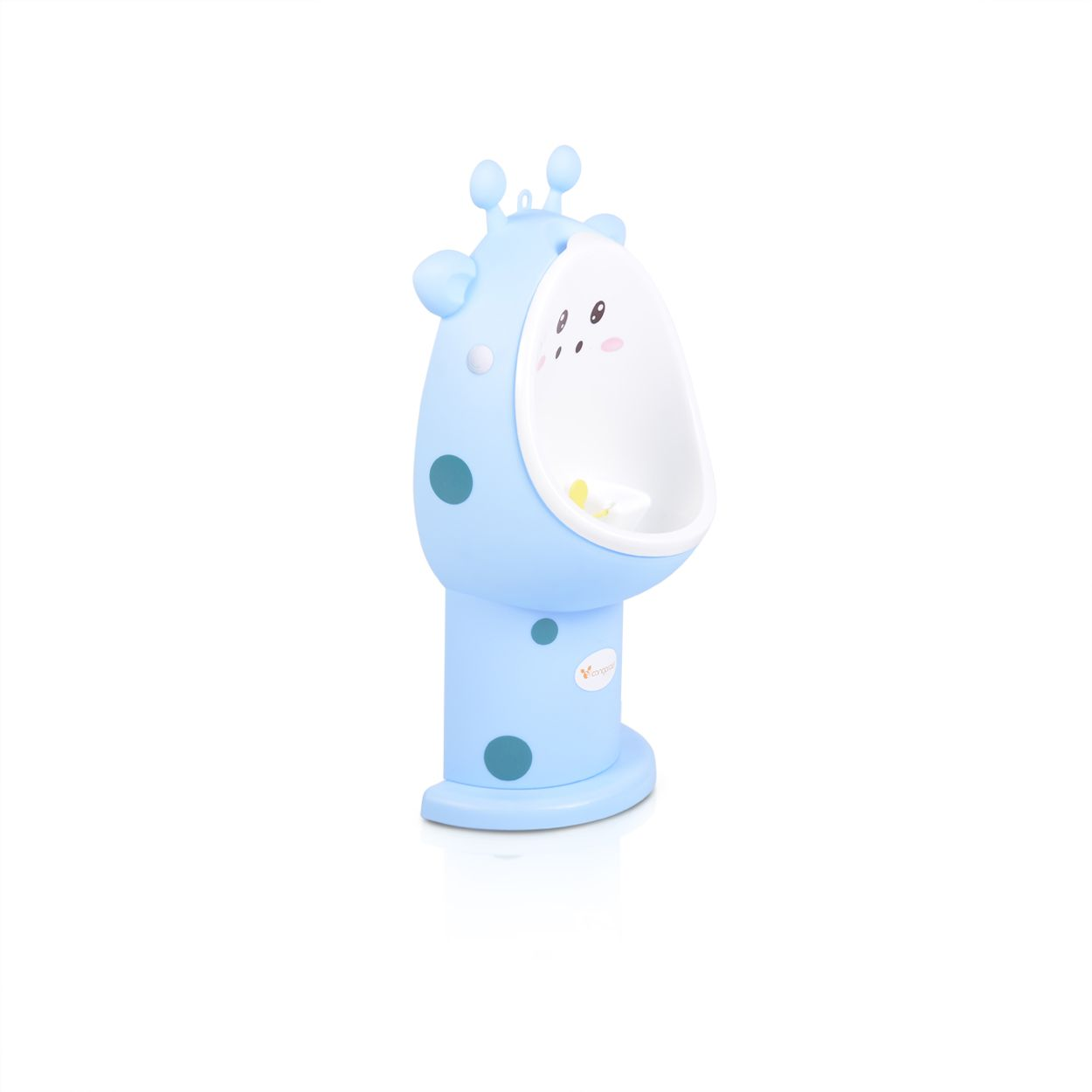 Hellblaues Kindermikrofon im Giraffendesign auf weißem Hintergrund.