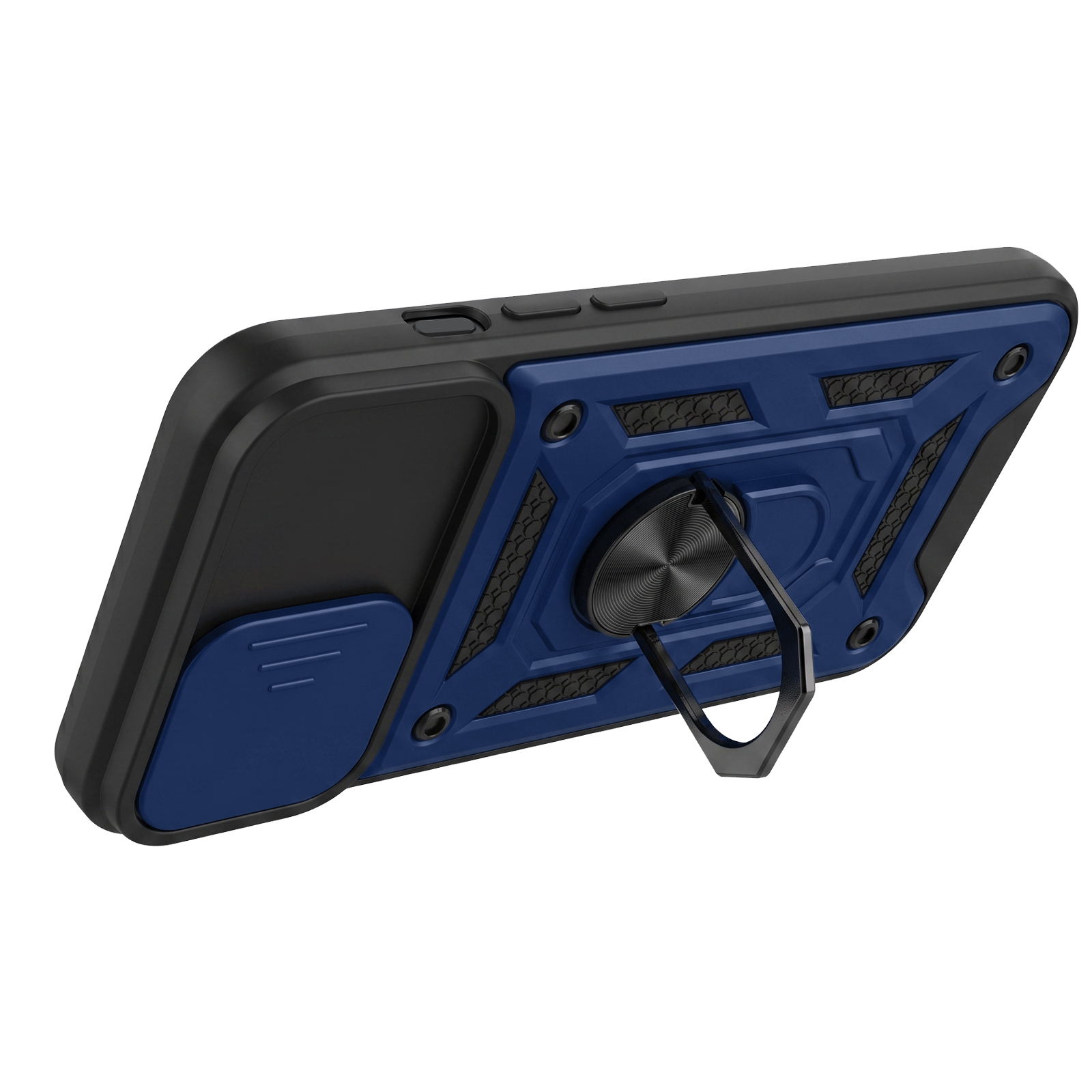 Schwarze und blaue robuste Smartphone-Hülle mit integriertem Metallring-Ständer und Schiebe-Kameraabdeckung.