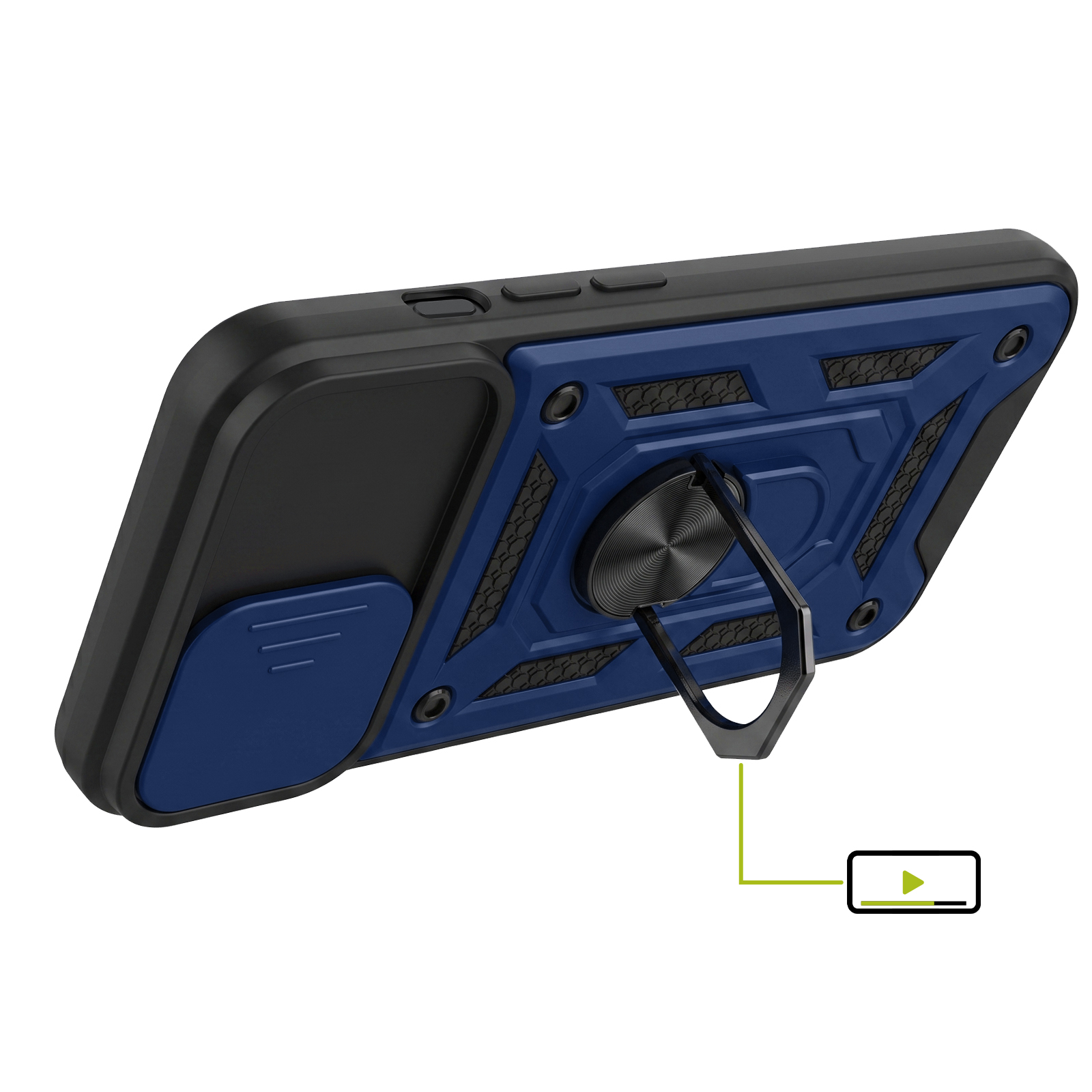 Blaue und schwarze Smartphone-Hülle mit ausklappbarem Ringständer auf der Rückseite.