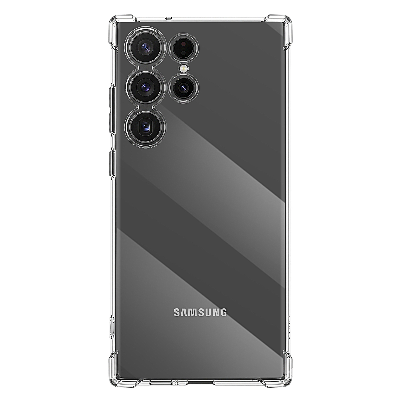 Rückansicht eines dunklen Smartphones mit klarer, verstärkter Schutzhülle, fünf Kameralinsen und Samsung-Logo.