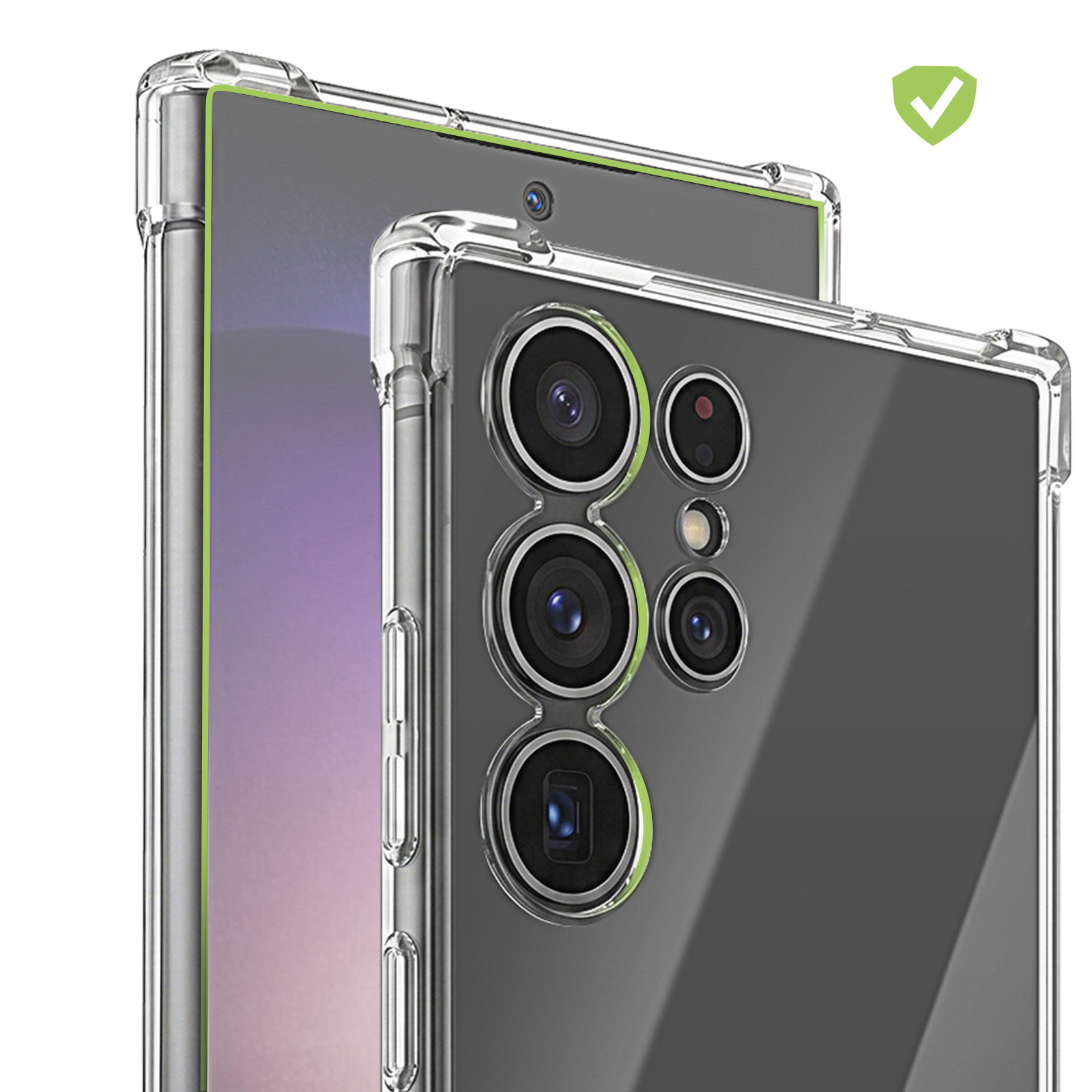 Zwei Smartphones mit transparenter Schutzhülle und verstärkten Ecken auf weißem Hintergrund.