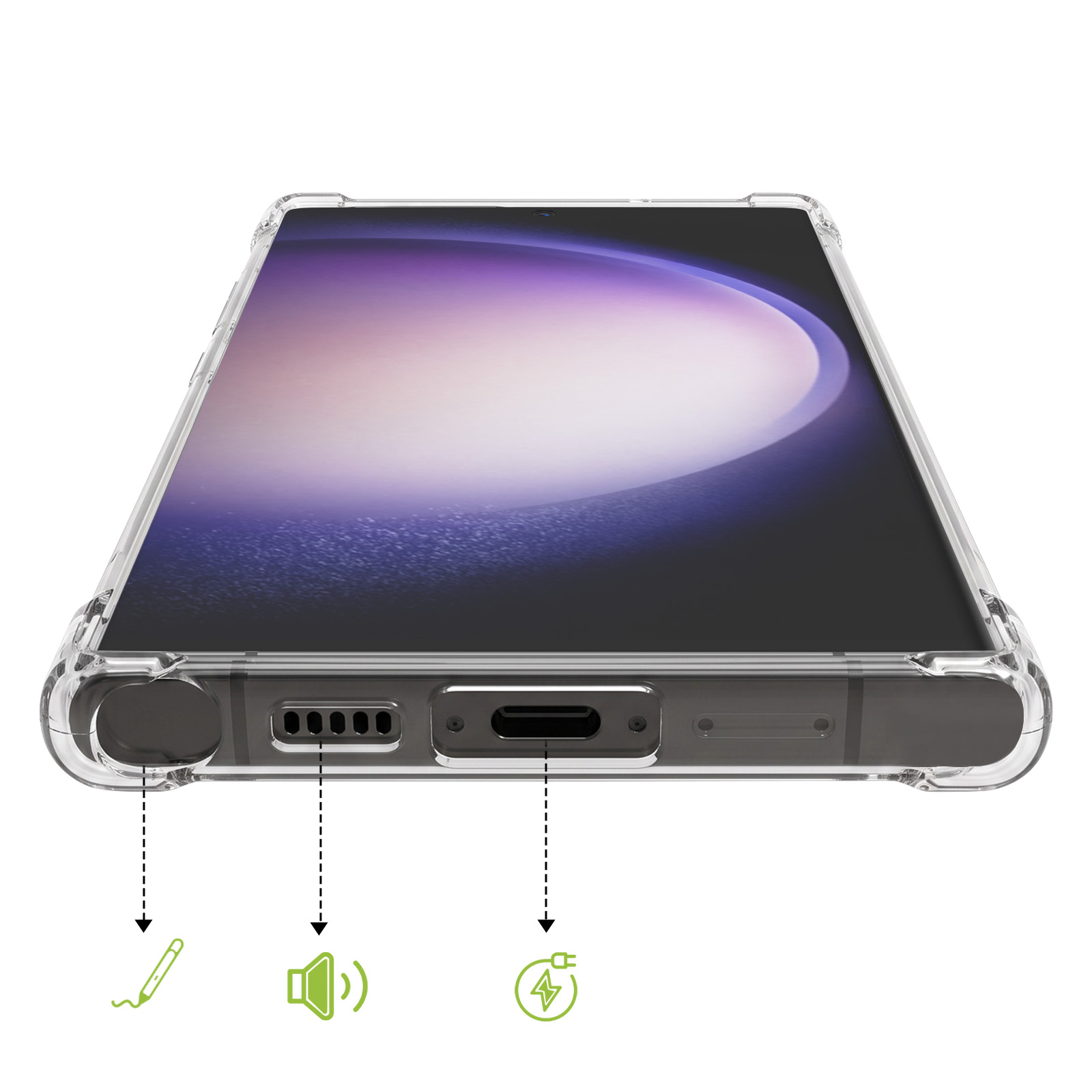 Ansicht der Unterseite eines Smartphones in einer transparenten Hülle mit Markierungen für Stift, Lautsprecher und Ladebuchse.