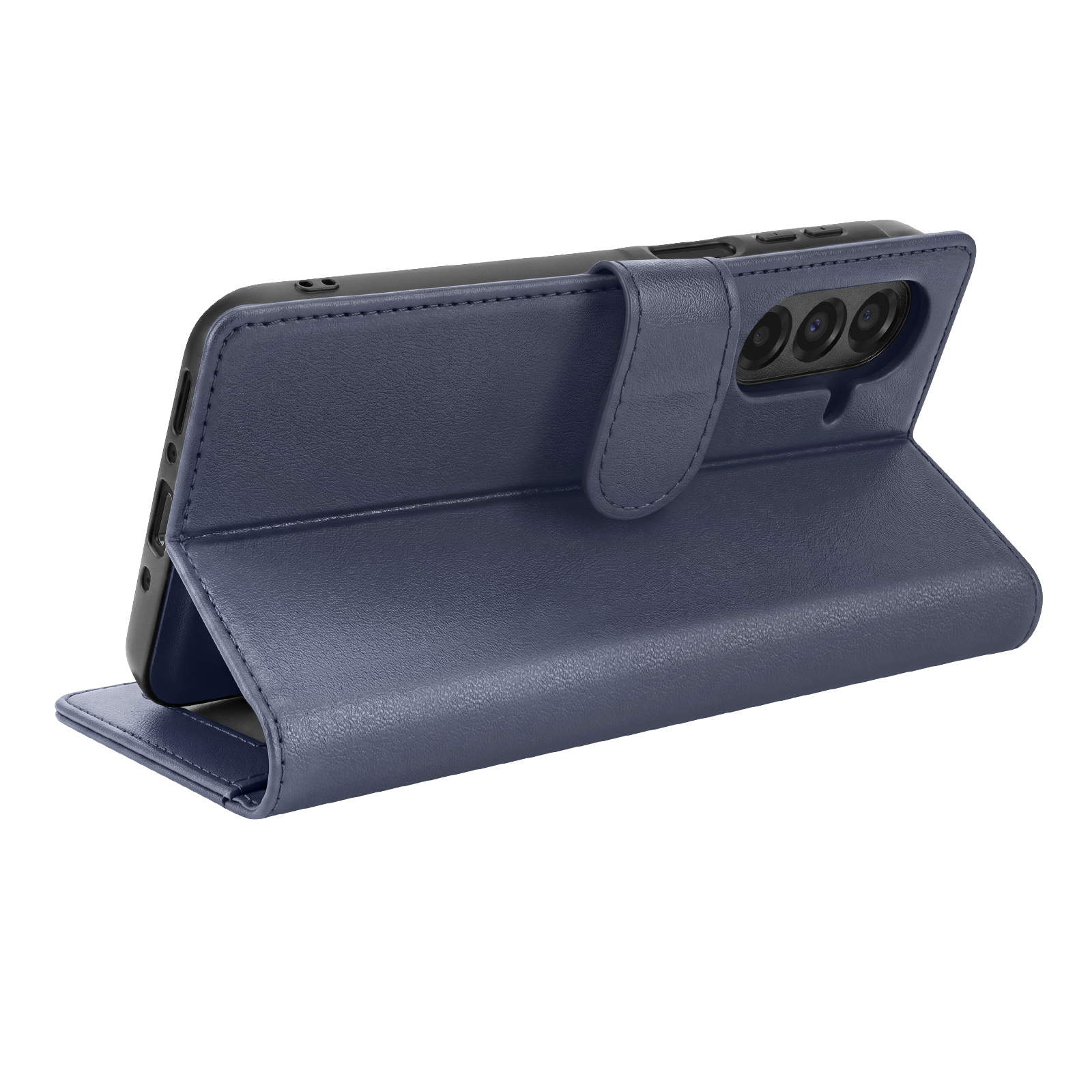 Ein dunkelblaues Leder-Flipcase für Smartphones, das als Ständer auf einer weißen Oberfläche positioniert ist.